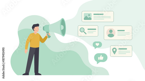 Man with megaphone spreading information and engaging online audience
