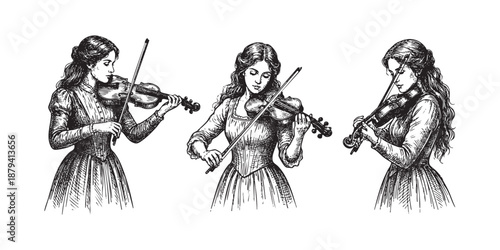 women playing violins in various poses in a vintage woodcut style.