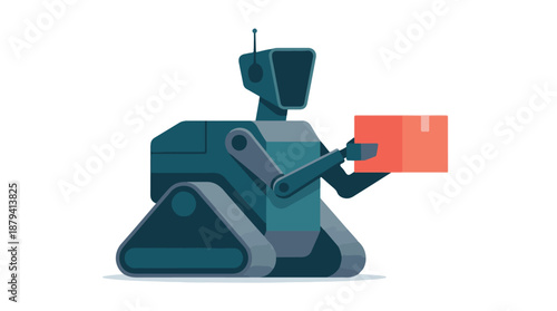 Modern autonomous delivery robot carrying a package on a white background