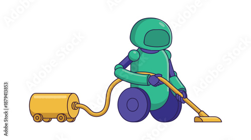 Friendly robot character vacuuming the floor, domestic cleaning concept illustration