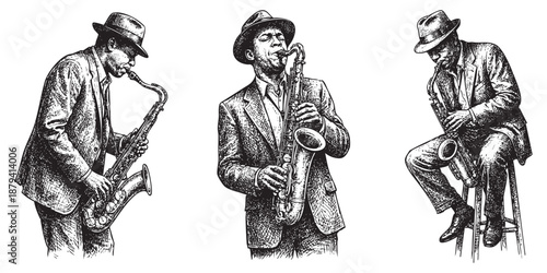 Set of Vintage Jazz Saxophone Player Illustrations