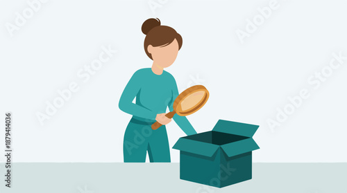 Woman examining empty cardboard box with magnifying glass, search concept