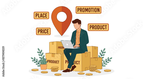 Businessman working on laptop with marketing 4 Ps concept and product boxes