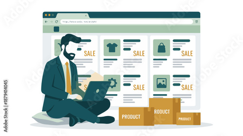 Businessman browsing online e-commerce website for product sales and delivery