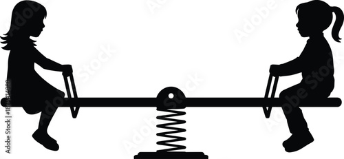 Children playing on playground seesaw silhouette illustration, two kids balancing spring seesaw equipment, childhood fun concept, black vector isolated background