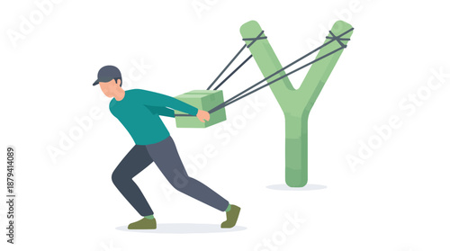 Man launching a package with a giant slingshot, representing fast delivery