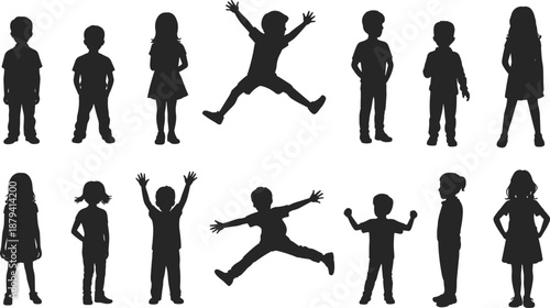 Children silhouettes set showing jumping, standing and playful poses, boys and girls activities collection for childhood concept vector illustration isolated on white