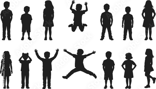 Children silhouettes set with standing, jumping and playful poses, boys and girls activities collection for childhood concept vector illustration isolated on white
