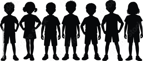 Children standing silhouettes collection, boys and girls front view poses, confident kids lineup and childhood diversity concept vector illustration isolated on white background