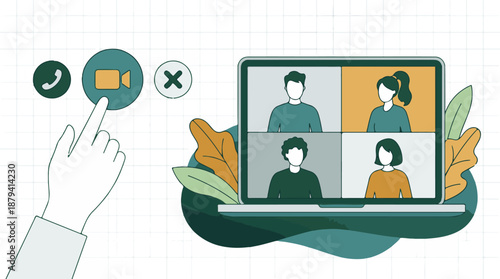 Online video conference call on laptop with hand activating camera icon