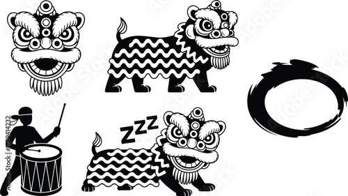 Chinese lion dance illustration set, traditional festival performance characters, lion head and drummer elements, black and white vector collection for celebration design