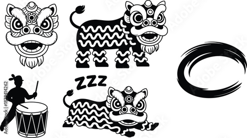 Chinese lion dance silhouettes collection, traditional festival performance elements, drummer and lion icons, black and white vector illustration set for celebration design