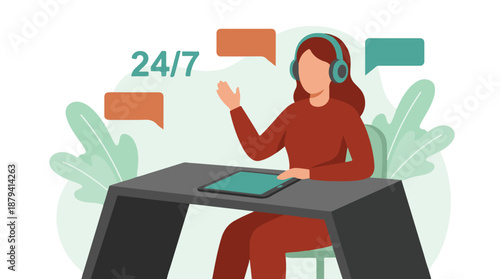 Customer service representative with headset and tablet, 24/7 support