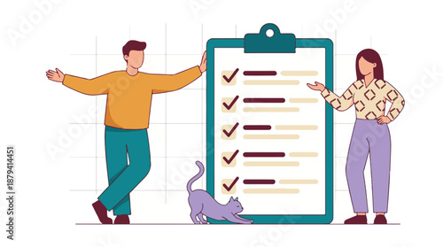 People completing tasks on a large checklist, productivity and organization concept