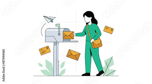 Woman sending mail in a mailbox, flat illustration for communication concept