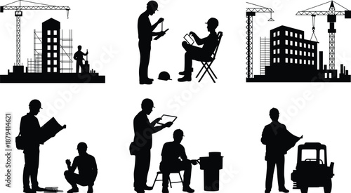 WebConstruction worker silhouettes set, engineers and builders at site, cranes buildings safety helmet teamwork industrial vector illustration flat design black icons collection