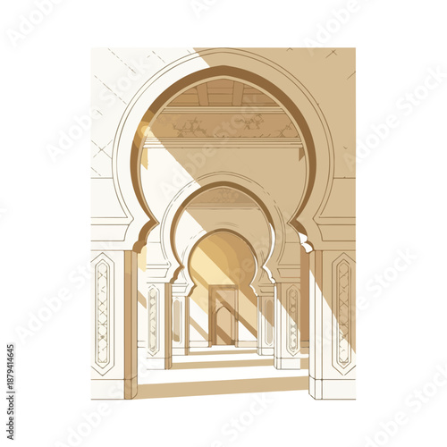 Ornate arched hallway with intricate details and soft lighting