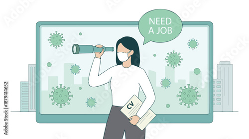 Woman with face mask and CV looking for a job during pandemic