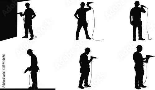 Construction worker silhouettes using electric drill tools, industrial handyman activities, black vector illustration isolated flat design for maintenance renovation and building work concepts