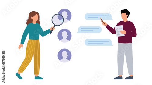 Business team analyzing profiles, reviewing candidates, and discussing data