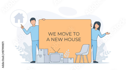 Vector illustration of a couple announcing a move to a new house