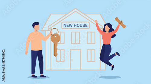 Happy couple celebrating new house purchase with key and documents