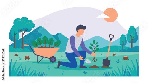 Man planting tree sapling for reforestation and environmental care
