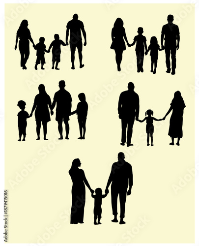 Happy Family Silhouette Set Holding Hands, Parents and Children Vector Illustration.