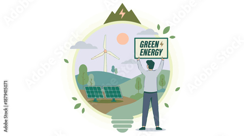 Man Holding 'Green Energy' Sign with Renewable Sources in Lightbulb Concept