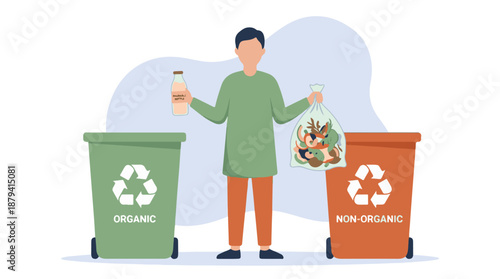 Person sorting organic and non-organic waste into bins for recycling