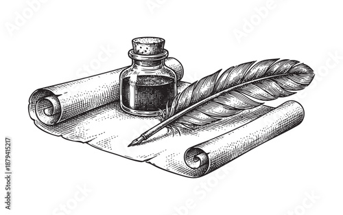 rolled parchment paper scroll resting next to a glass ink bottle with a quill feather, in a vintage woodcut style.