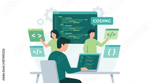 Software development team coding on computers, programming and digital work