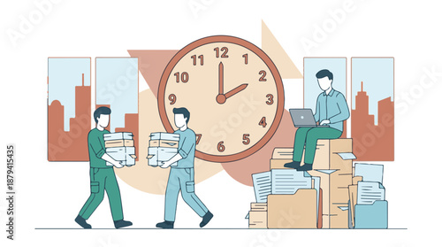 Office workers handling documents and tasks under time constraints