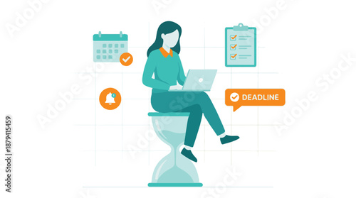 Productivity and Time Management Concept with Woman, Laptop, and Hourglass