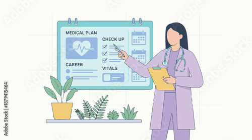 Doctor presents medical plan, health check-up, and vital information