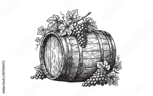 wooden wine barrel adorned with fresh grape clusters and leaves on top, rendered in a vintage woodcut style.