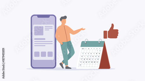 Modern business concept with smartphone, calendar, man, and thumbs up icon