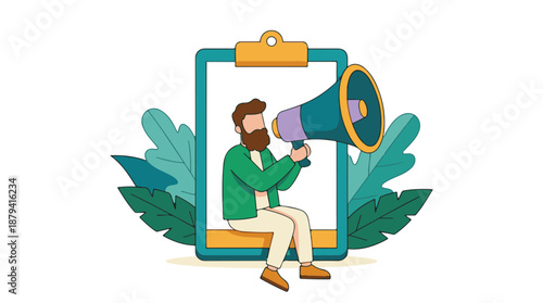 Bearded man holding megaphone on clipboard, concept of marketing and communication