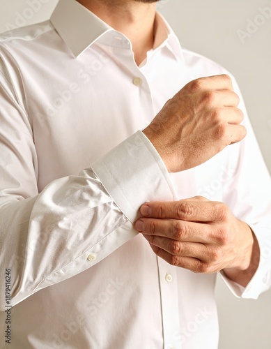Man adjusts his pristine white dress shirt cuff in a refined manner