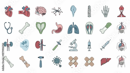 Collection of Medical Icons and Illustrations Representing Human Anatomy and Healthcare.