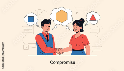 Vector illustration of man and woman shaking hands with thought bubbles showing compromise and shared ideas
