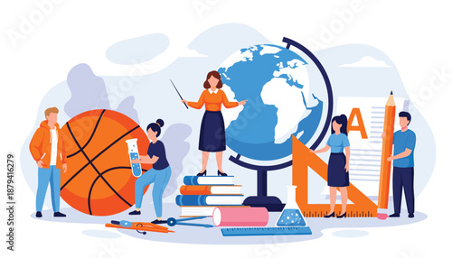Vector illustration of global education with students books globe and academic tools in creative layout