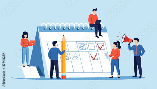 Vector illustration of team organizing tasks around large calendar with icons laptops pencil and megaphone
 