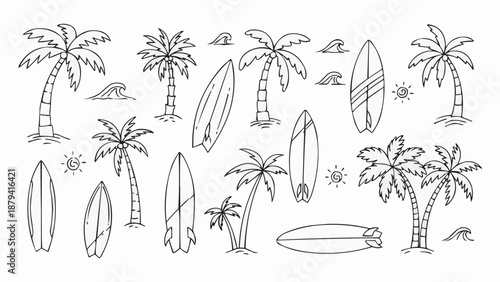 Collection of hand-drawn surfboards and palm trees.