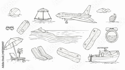 Collection of hand-drawn travel and vacation icons.