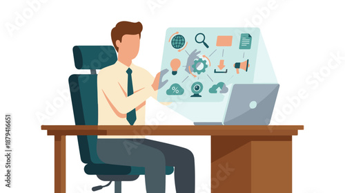 Businessman interacting with a futuristic digital interface for data analysis