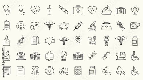 Collection of Medical Healthcare Icons Hand Drawn Sketch Style.
