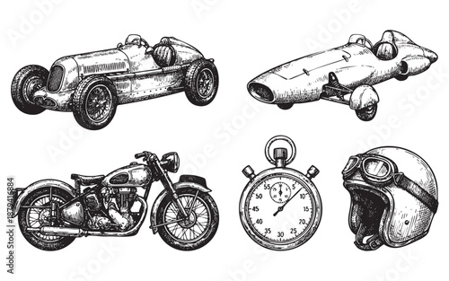 collection of retro racing-themed items including two race cars, a motorcycle, a stopwatch, and a helmet in a vintage woodcut style