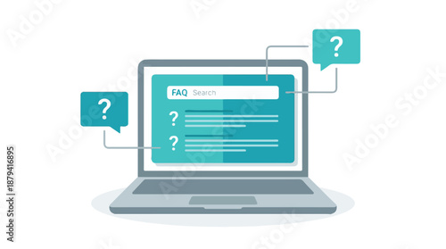 Online FAQ support concept with laptop and question mark bubbles