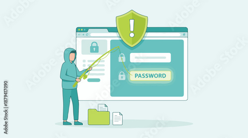 Phishing attack concept with hacker stealing password from web browser